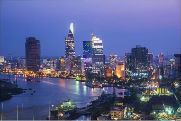 Une vue dynamique de la ville Moderne de Sài Gòn họa sĩ minh họa la belle énergie à ressentir en Explorant le Vietnam du Nord et du Sud.