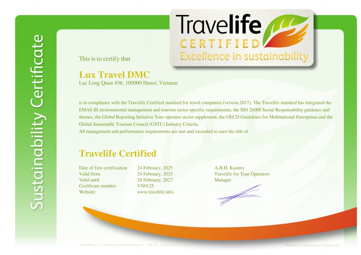 Lux Travel DMC ha ricevuto il premio Travelife Certified