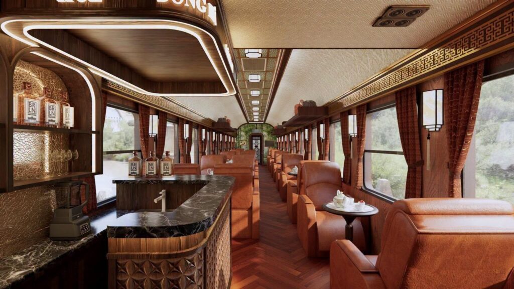 Intérieur raffiné d'une voiture du train touristique Hué – Phong Nha lors d'un voyage personnalisé Vietnam.