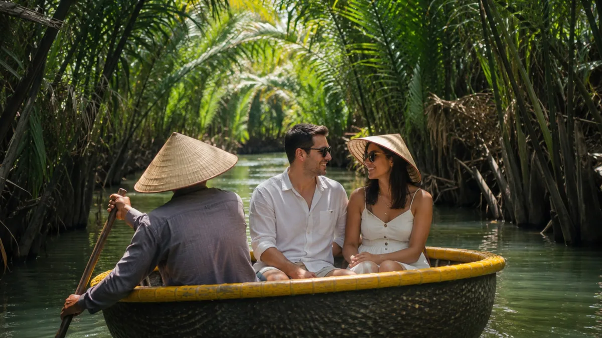 Couple de voyageurs en balade paisible en bateau panier a Cam Thanh lors d un voyage Vietnam 2 semaines
